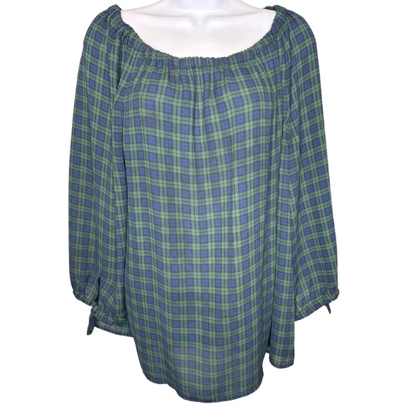 Talbots Tops - Talbots Womens Green Blue Plaid Off‎ Shoulder Blouse Sz L Career Lightweight